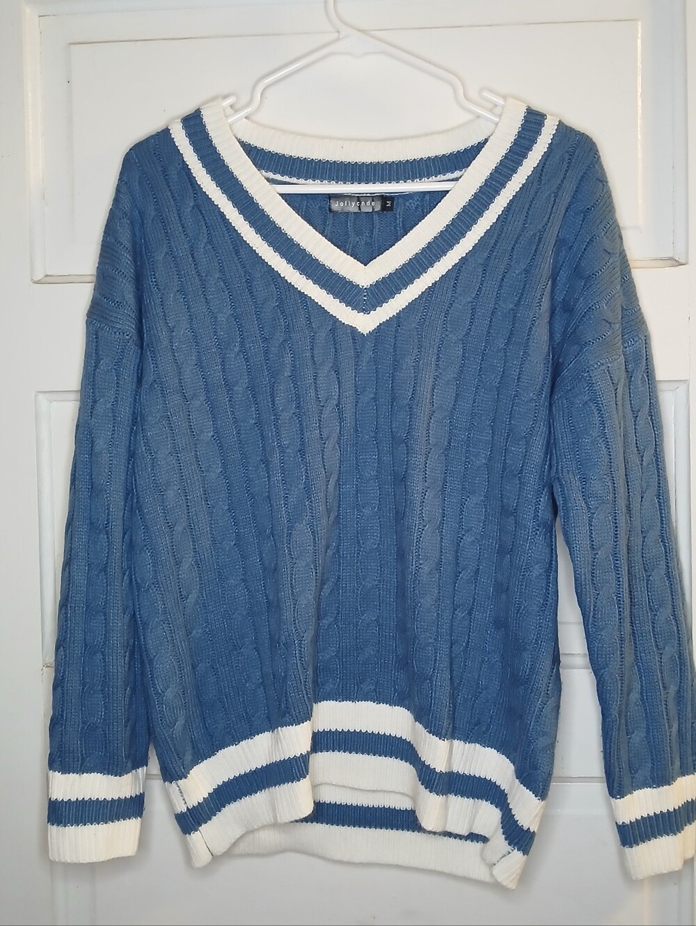 Jollycode Women’s M Blue Cable Knit Sweater V Neck Varsity Preppy Striped